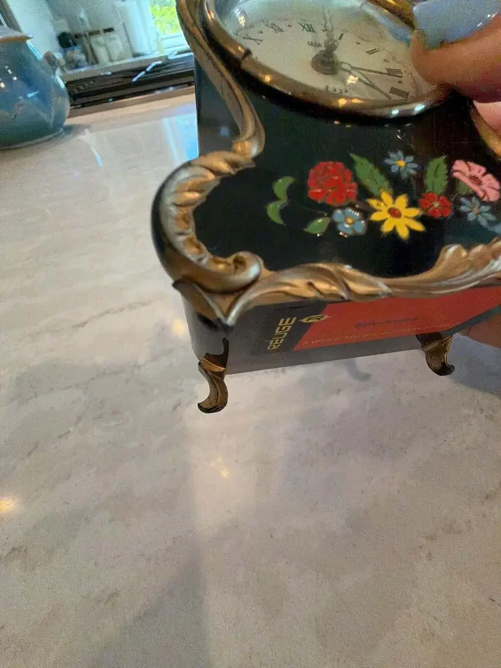 Vintage Reuge Edelweiss Musical Mantle Clock with Floral Hand-Painted Detail